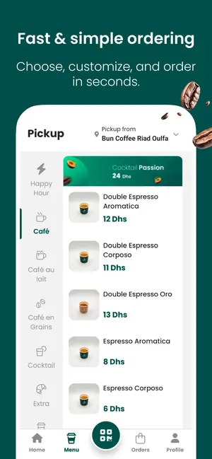Bun Coffee app menu screen