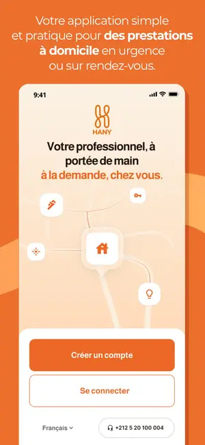 Hany home services app — home screen showing quick service categories